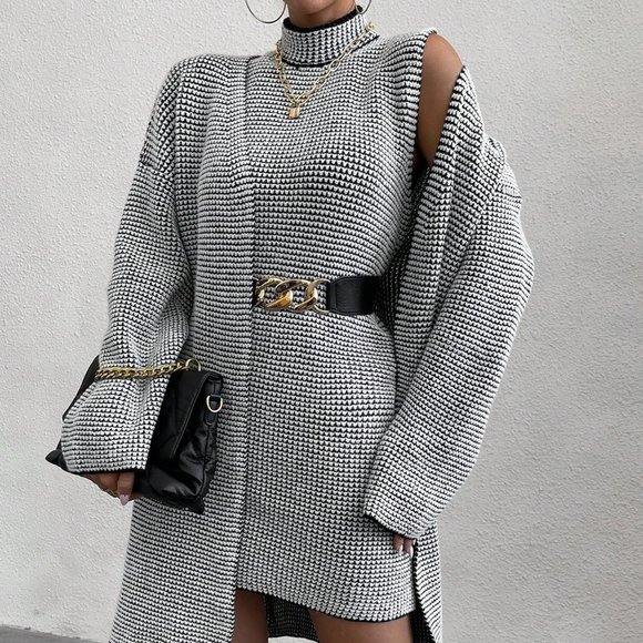 Black And White Casual Womens Turtleneck Drop Shoulder Cardigan & Sweater Dress - Picture 3 of 5